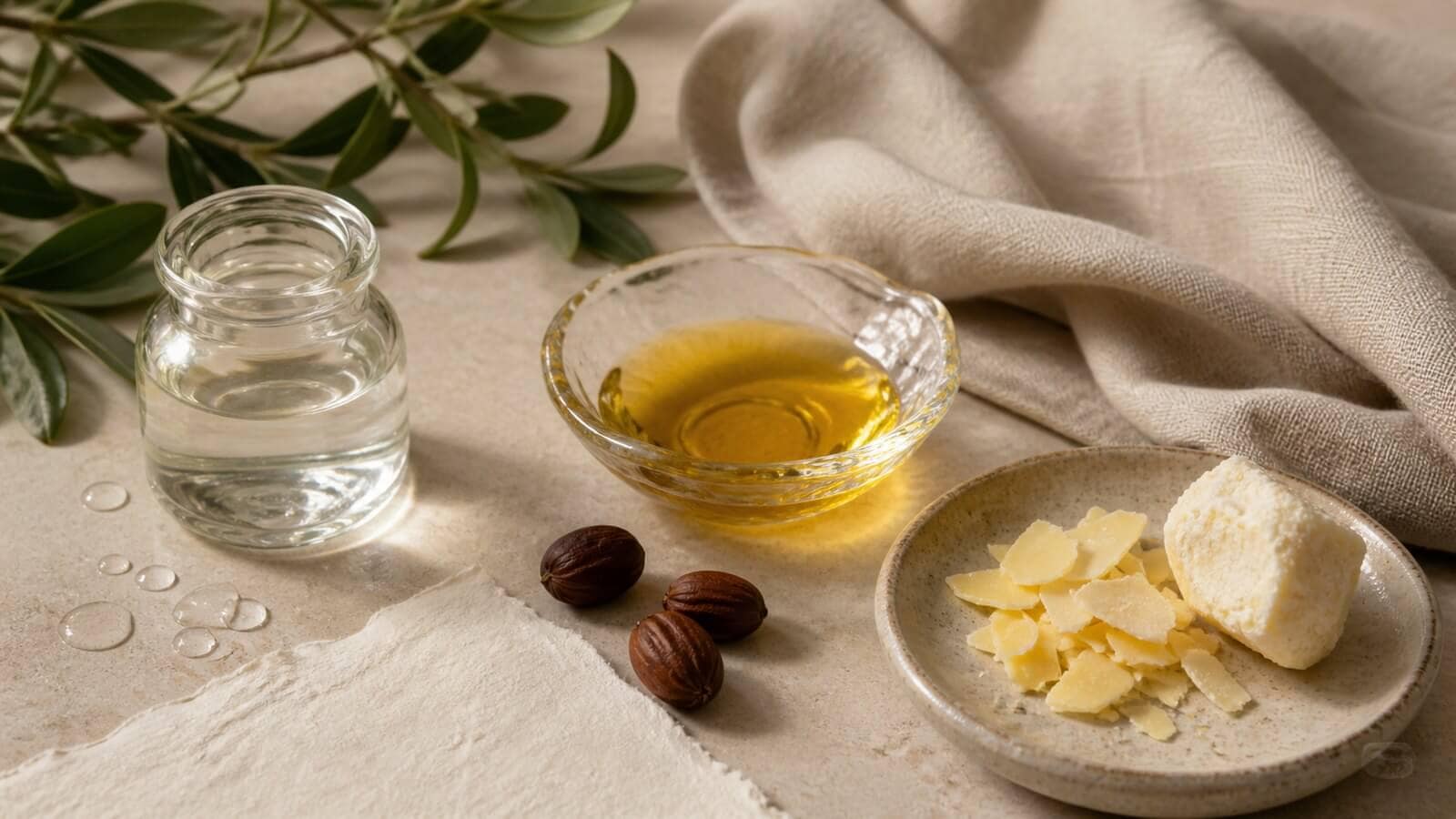 Humektanter, emollienter och ocklusiva ingredienser Klar fuktbindande lösning, gyllene olja, bivax och sheasmör på varm sten