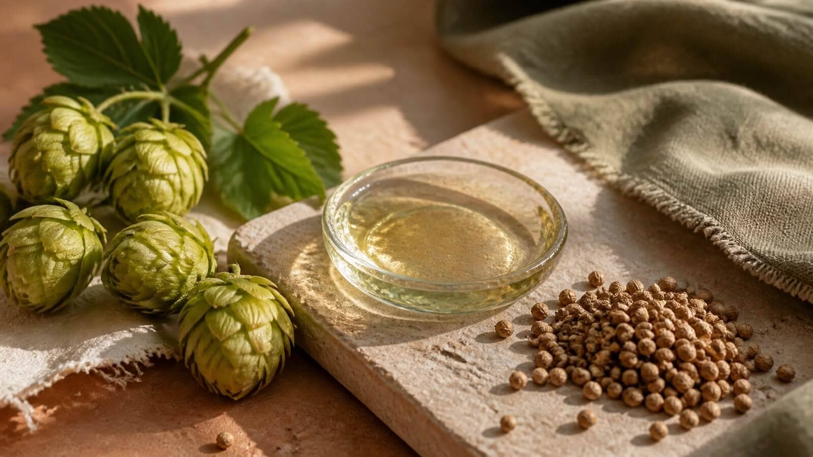 Humlekottar och korianderfrön bredvid eterisk olja som källor till humulen