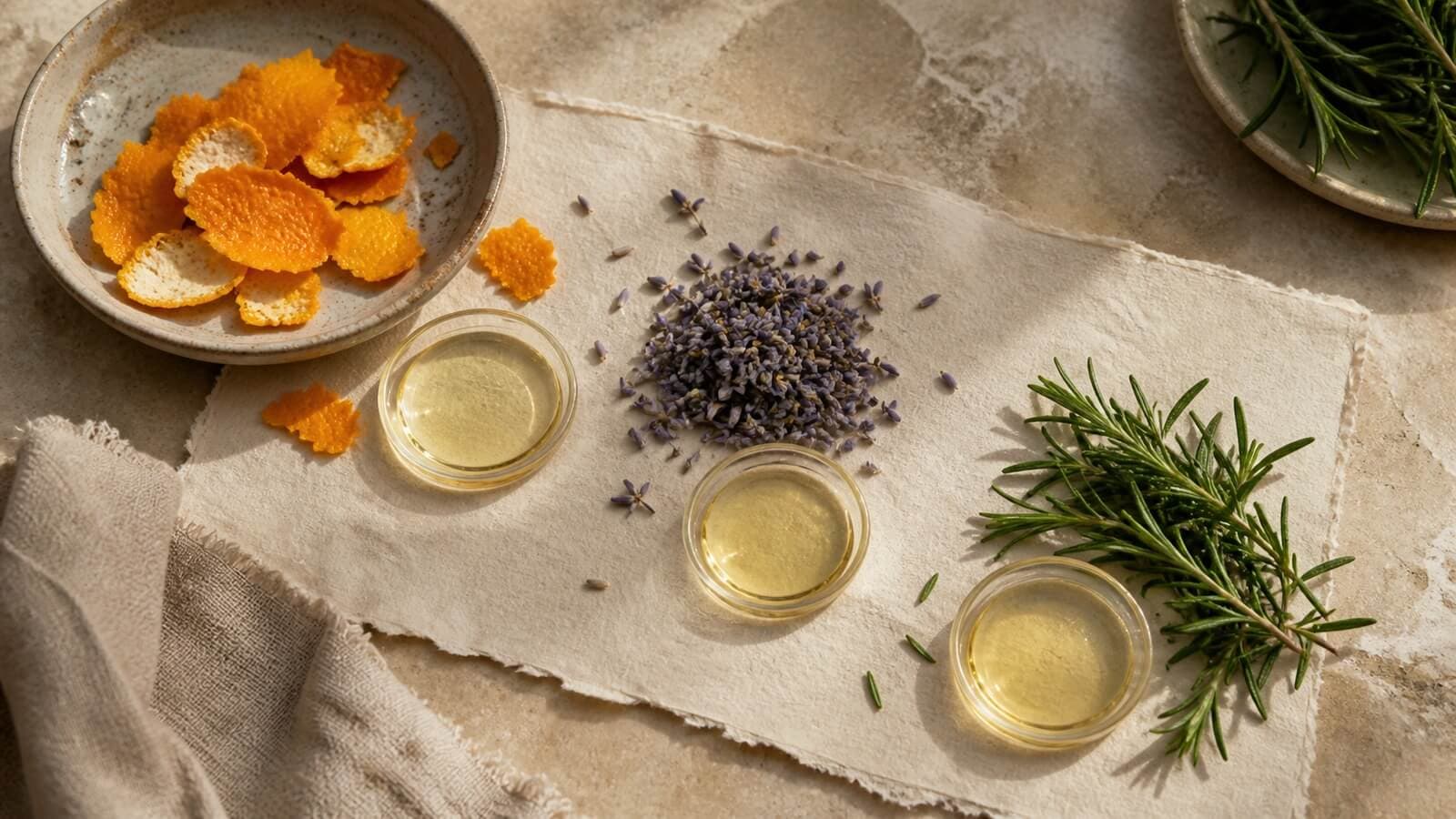hur-fungerar-eteriska-oljor Citrusskal, lavendel och rosmarin bredvid sina eteriska oljor