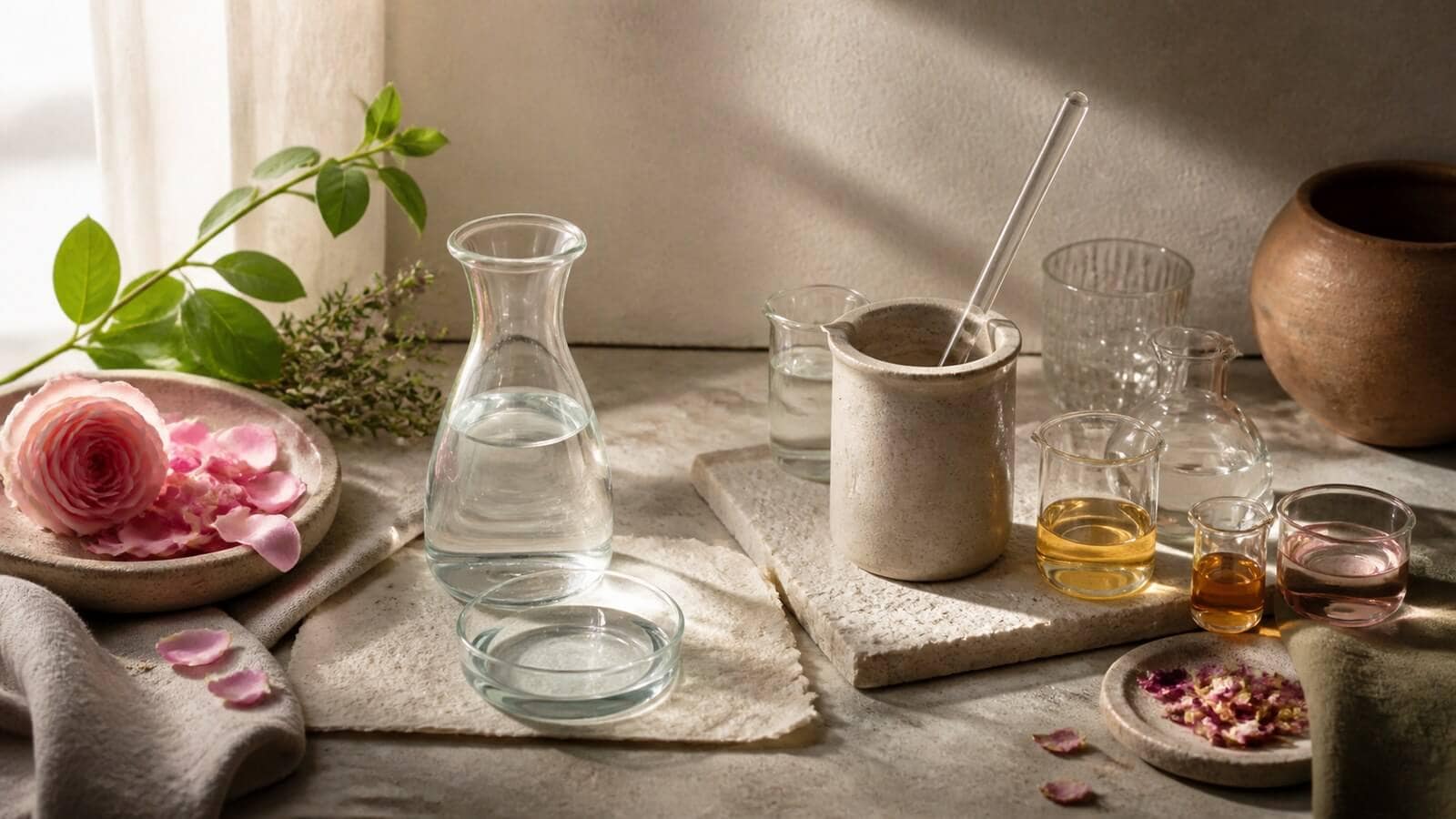 hydrolat-ansiktsvatten-skillnad Hydrolat med färska växtdelar och formulerat ansiktsvatten i glas