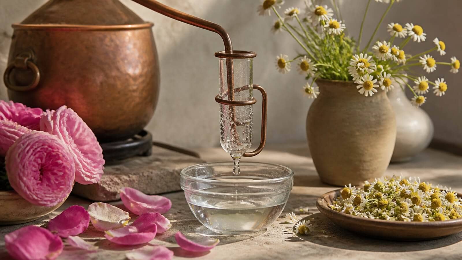 hydrolater-framstallning-egenskaper Hydrolat i glas med färska blommor och enkel ångdestillation