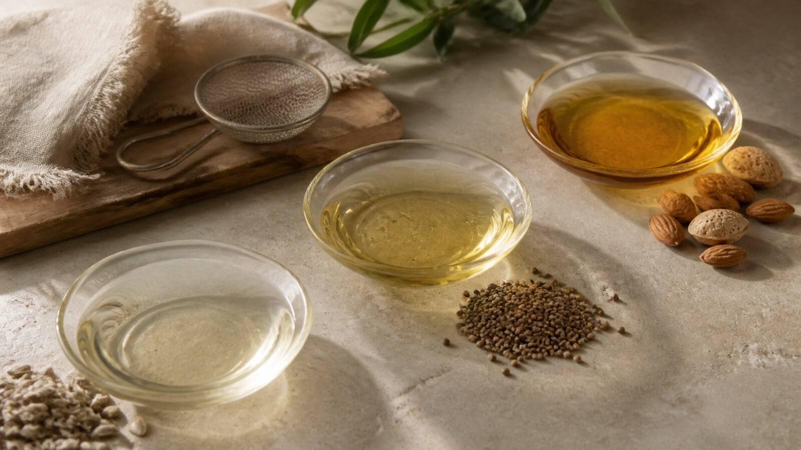 Vegetabiliska oljor i olika färg bredvid frön och pressduk