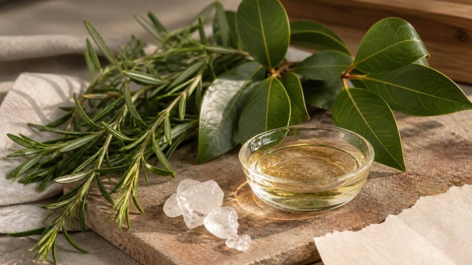 Kamferblad, rosmarin och ljusa kristaller bredvid eterisk olja som källor till kamfen