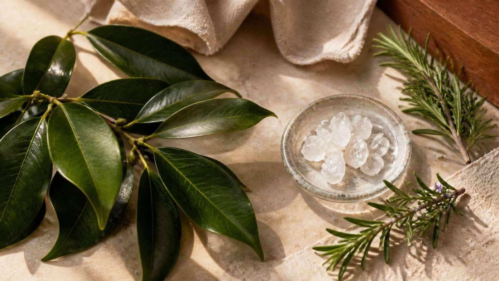 Kamferblad, rosmarin och vita kamferkristaller på varm sten