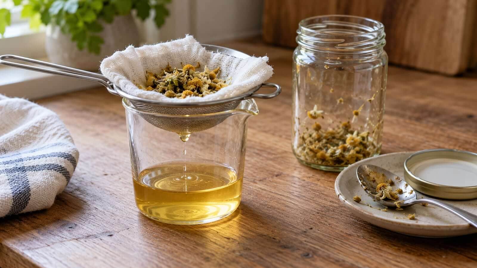 kamomillglycerit filtrering En liten mängd kamomillutdrag droppar genom filterduk och sil till ett litet glaskärl