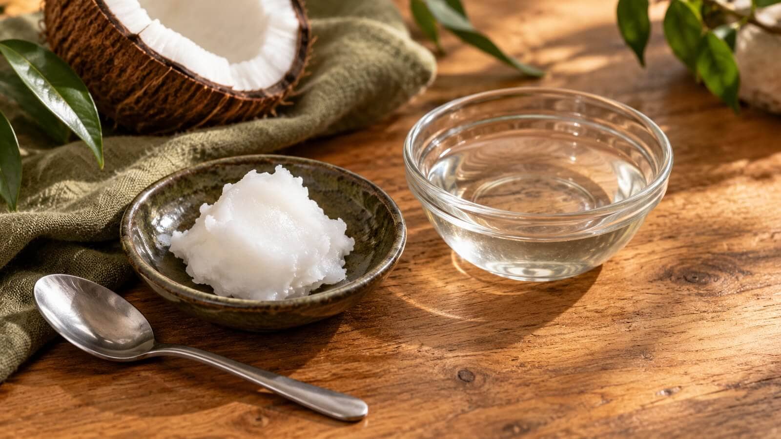 Vit fast kokosolja i en keramikskål och klar smält kokosolja i en glasskål på trä och olivgrönt linne