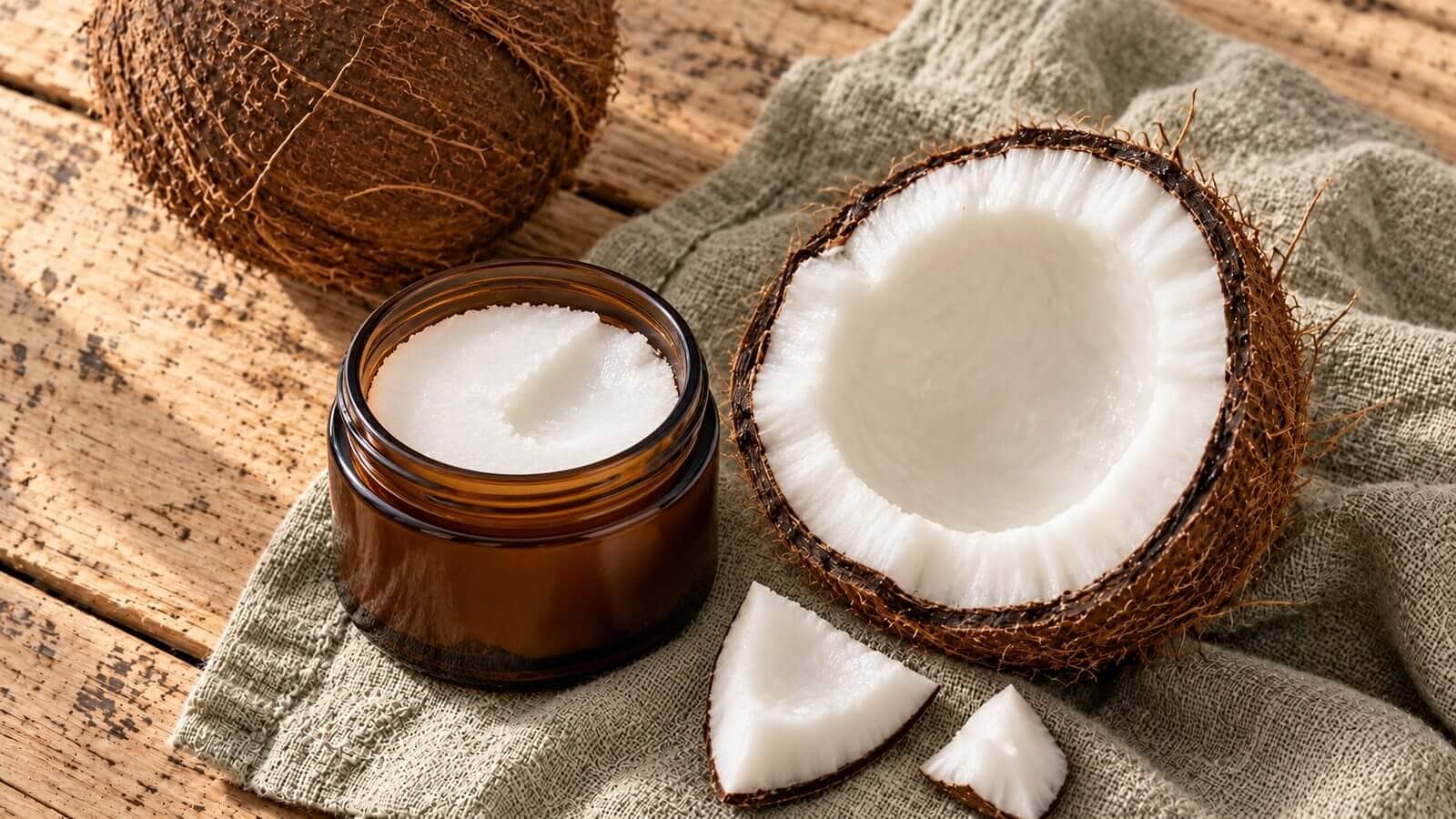 kokosolja produkt ravaror Öppen brun glasburk med vit, fast kokosolja, omgiven av kokosnöt och kokosbitar på linne och trä.