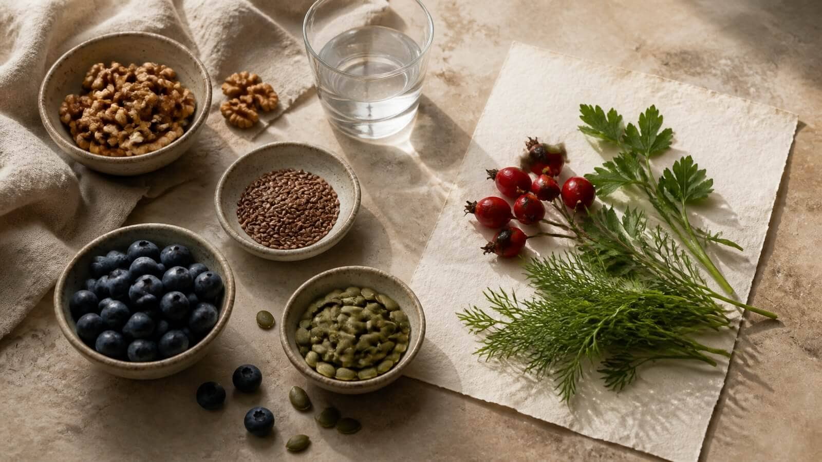 kost-livsstil-hudens-mikrobiom Bär, frön, örter och vatten som illustrerar kostens koppling till hudens mikrobiom