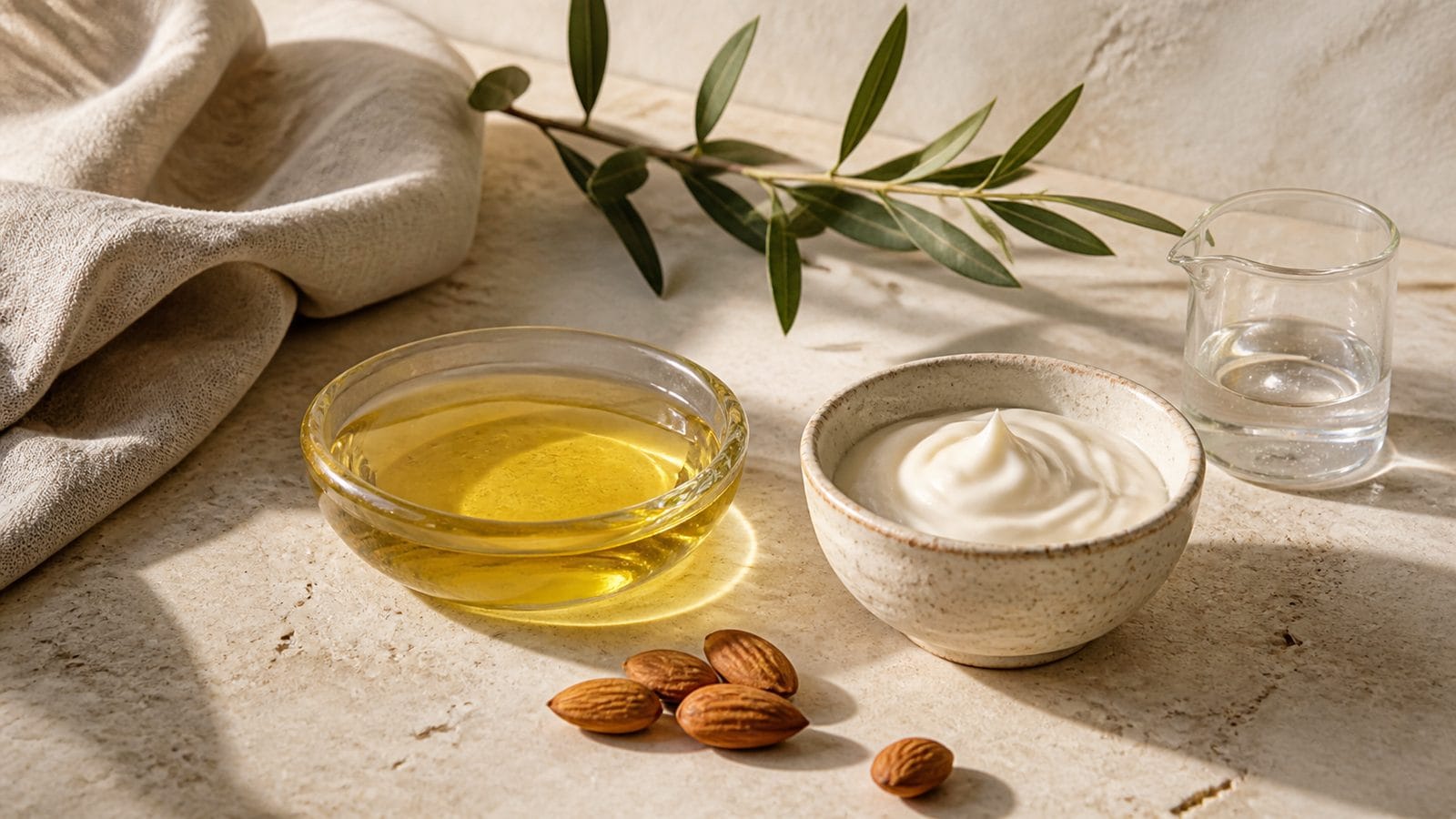 Kroppsolja och body lotion – skillnaden Gyllene kroppsolja och ljus body lotion i handgjorda skålar med mandlar och vatten på varm sten