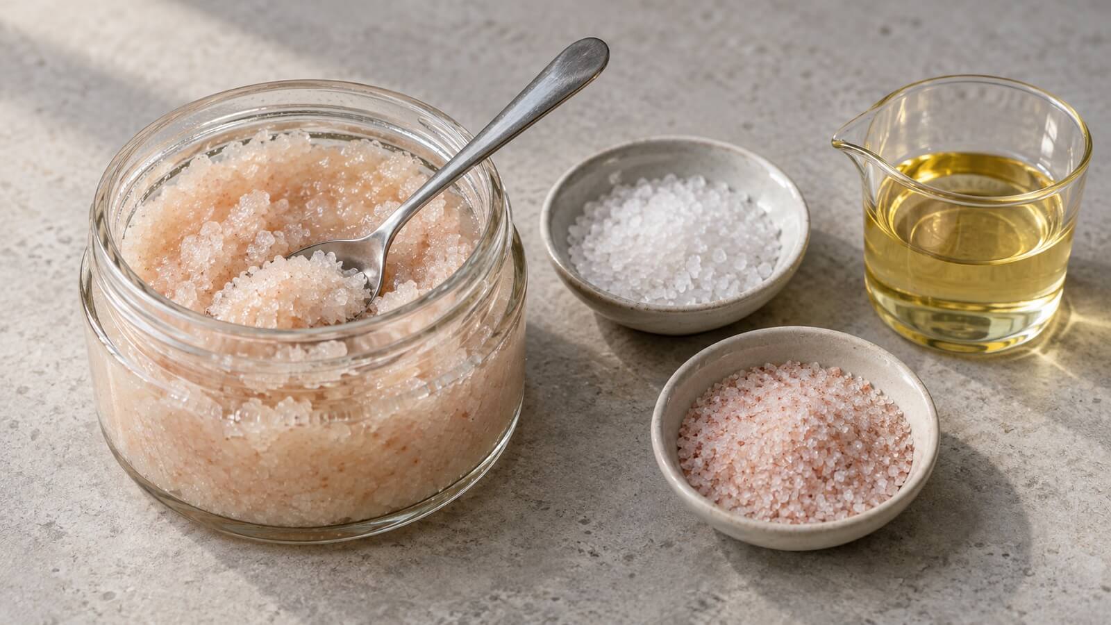 Kroppsskrubb med salt och olja Saltskrubb i en glasburk med sked, två skålar med fint salt och en glaskanna med olja.