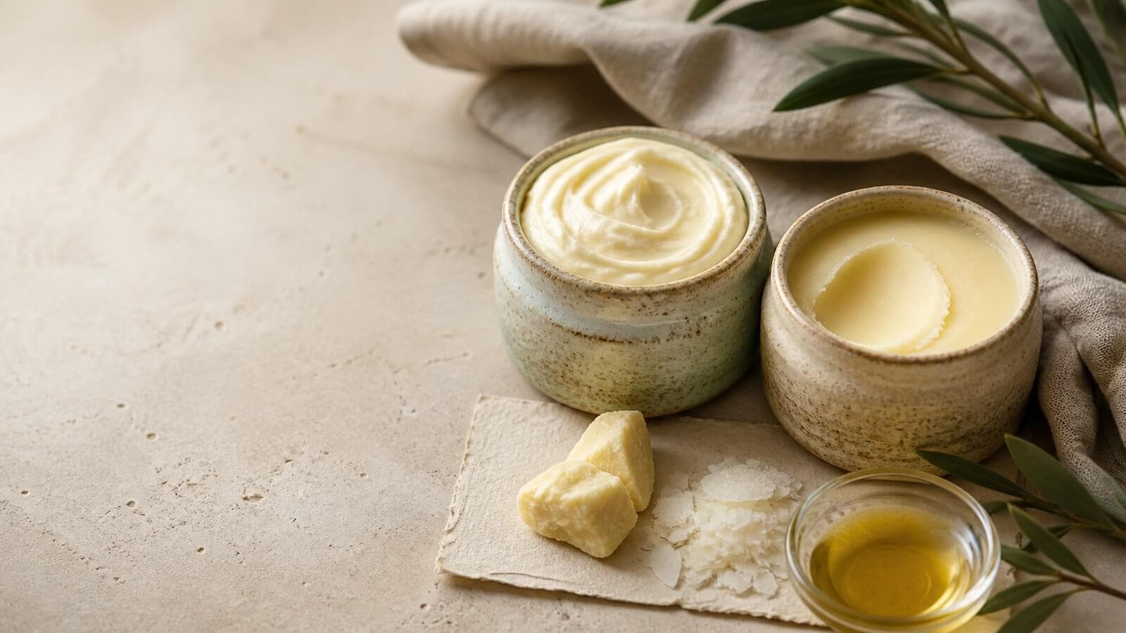 Kroppssmör och kroppsbalsam – skillnaden Två öppna keramiska burkar med mjukt kroppssmör och fastare kroppsbalsam bredvid växtsmör, olja och vax.