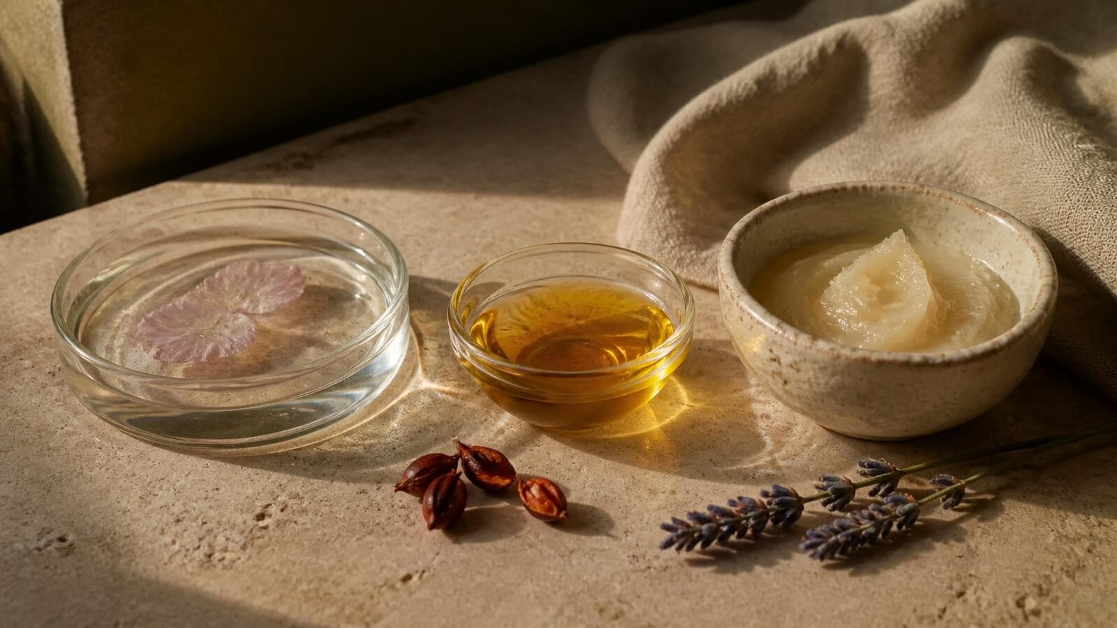 kvallsrutin-naturliga-hudvardsingredienser Hydrolat, ansiktsolja och balm för en naturlig kvällsrutin
