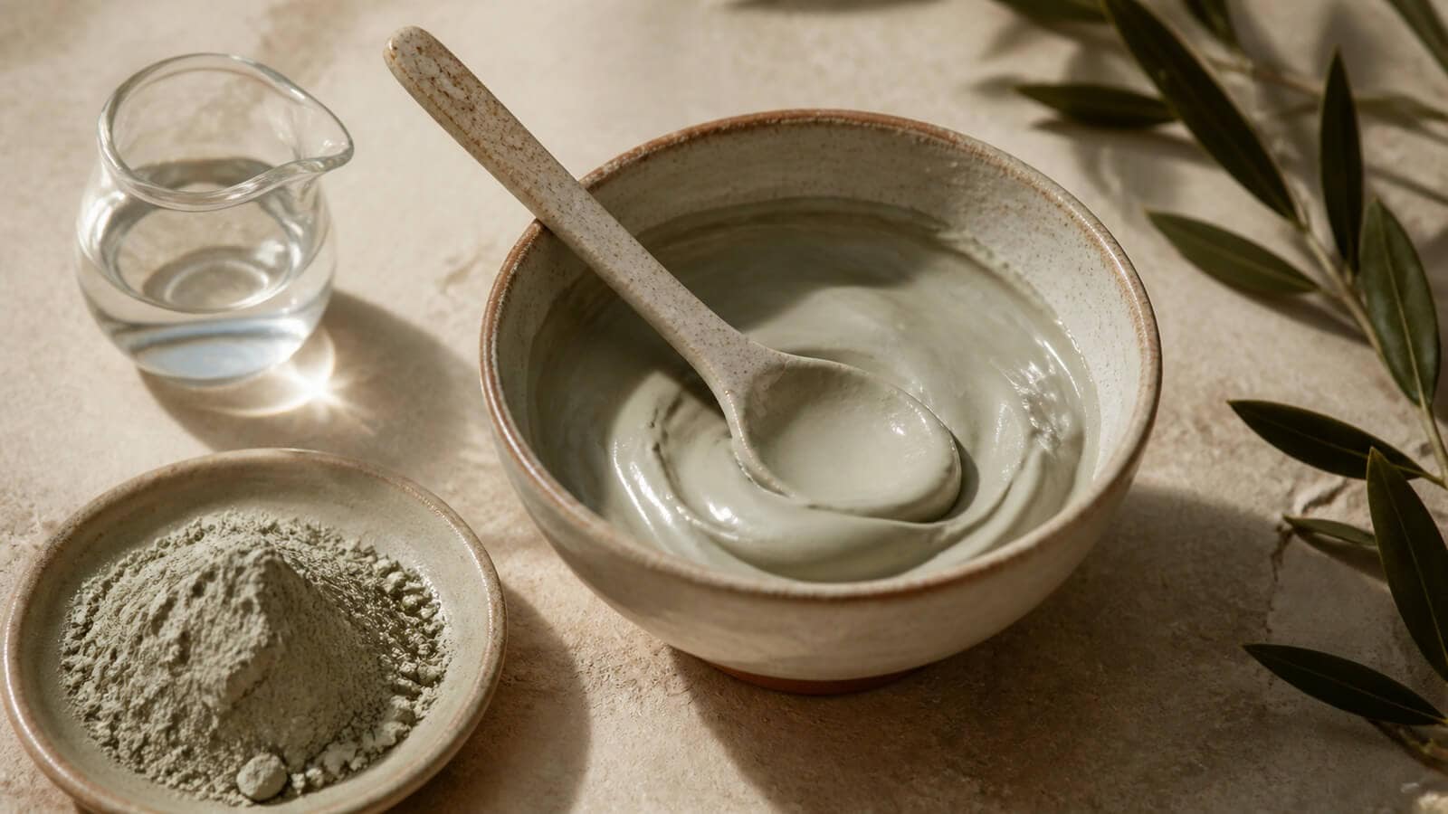 lermask-blandning-anvandningsfrekvens Nyblandad lermask med vatten, keramiksked och uppmätt lerpulver