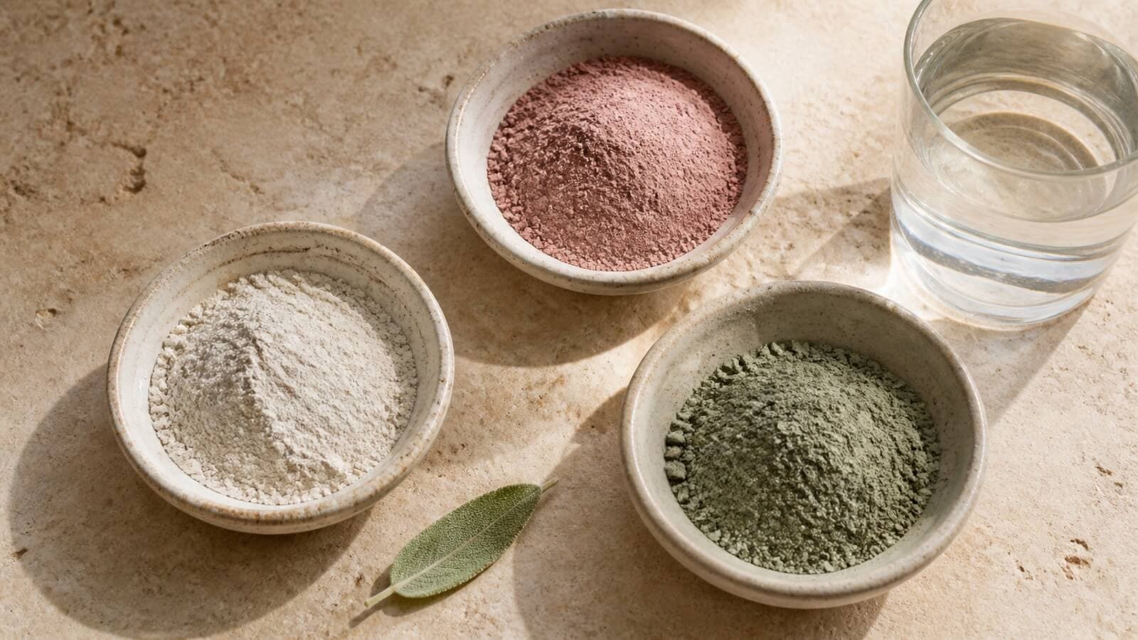 lermask-torr-fet-kanslig-hud Vit, rosa och grön lera för olika hudtyper