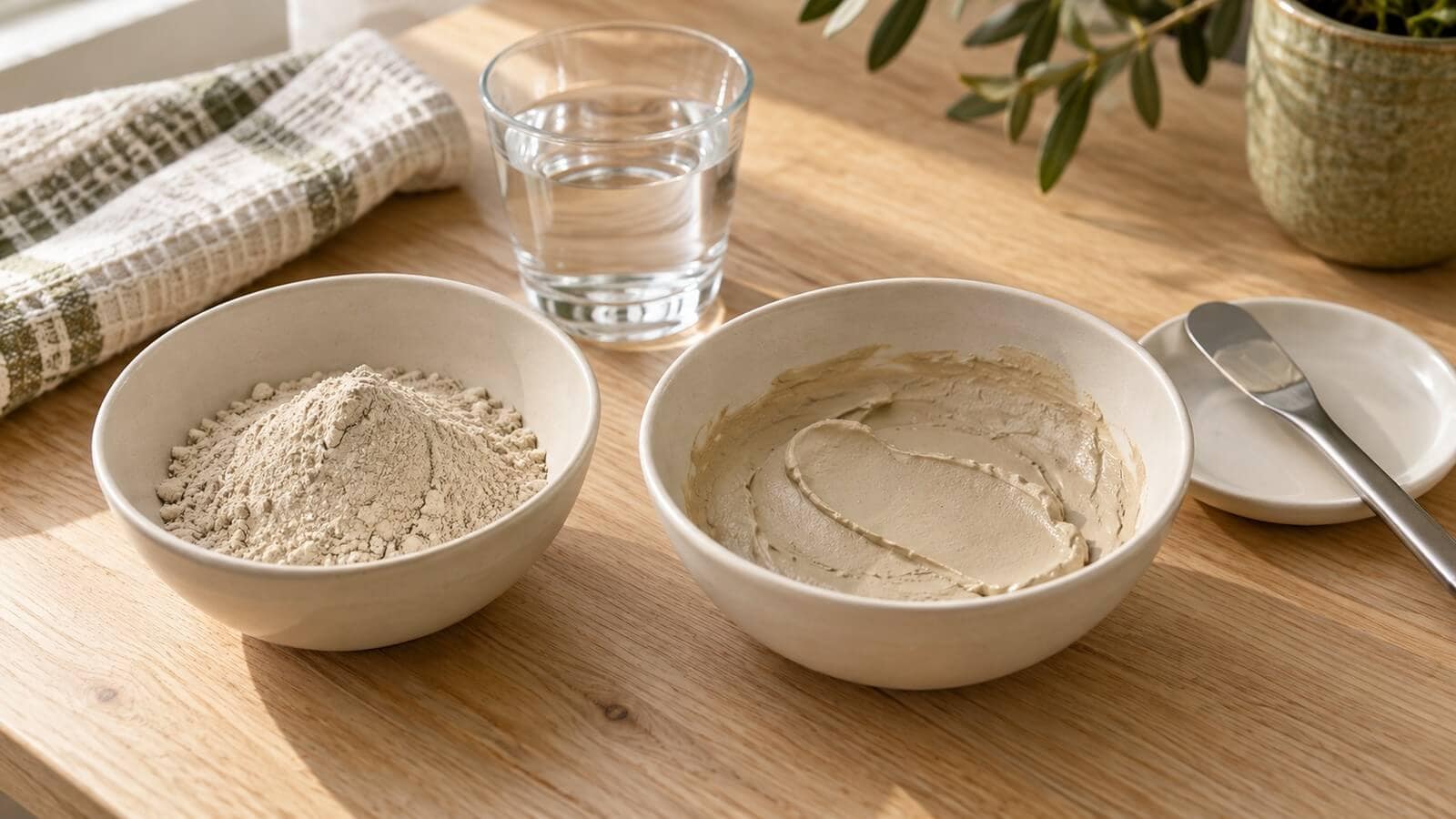 lermask torrblandning farsk portion Torrt maskpulver i en skål bredvid en nyblandad, slät lermask och en liten spatel.