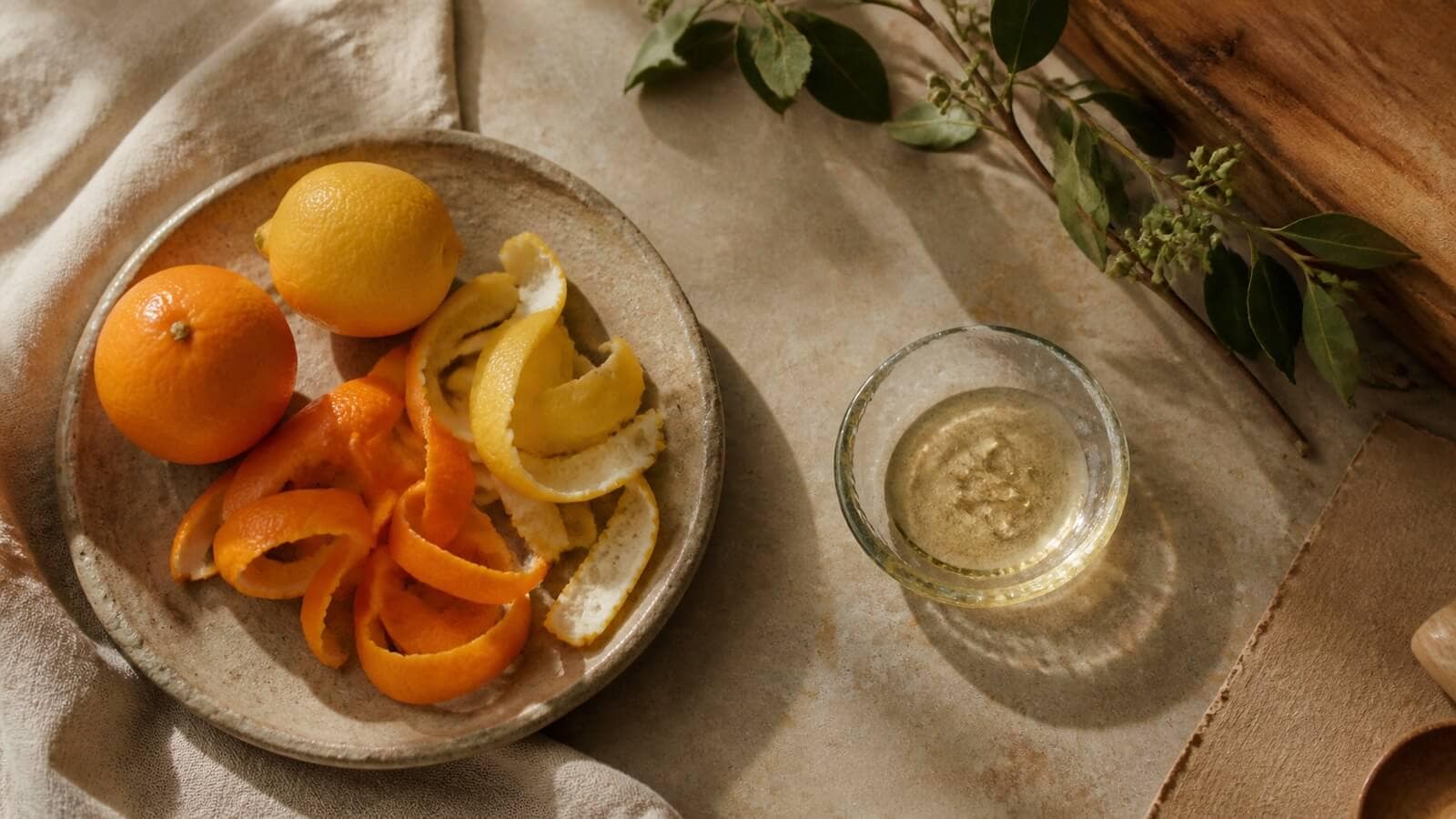 Apelsin, citron och färska citrusskal bredvid citrusolja som källor till limonen