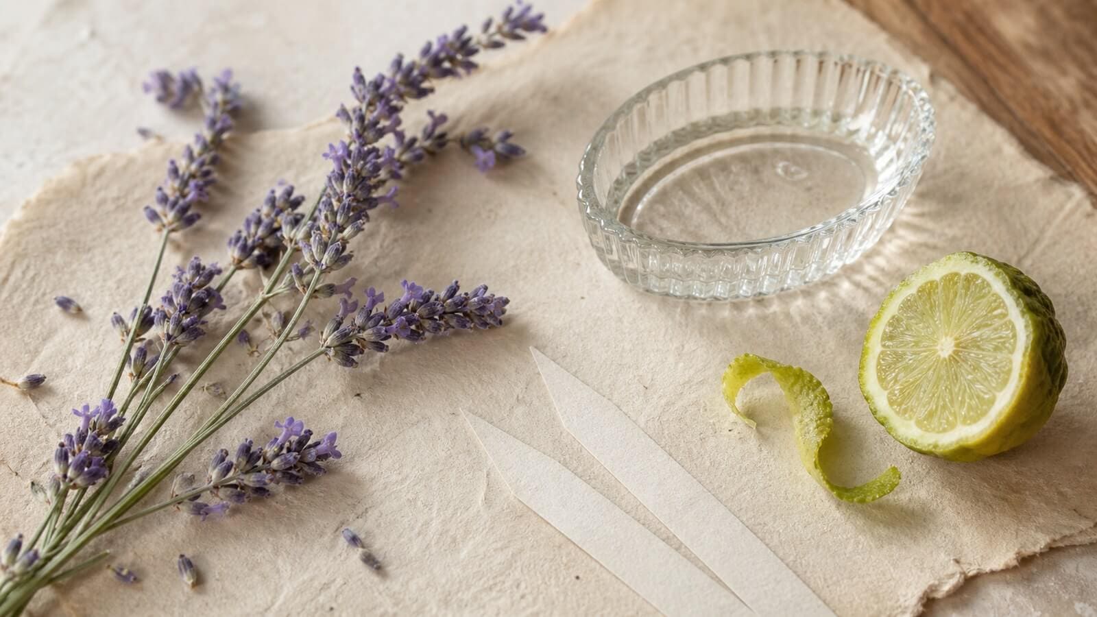 linalylacetat-lavendel-bergamott Lavendel, bergamott, doftremsor och klar vätska i en räfflad glasskål.