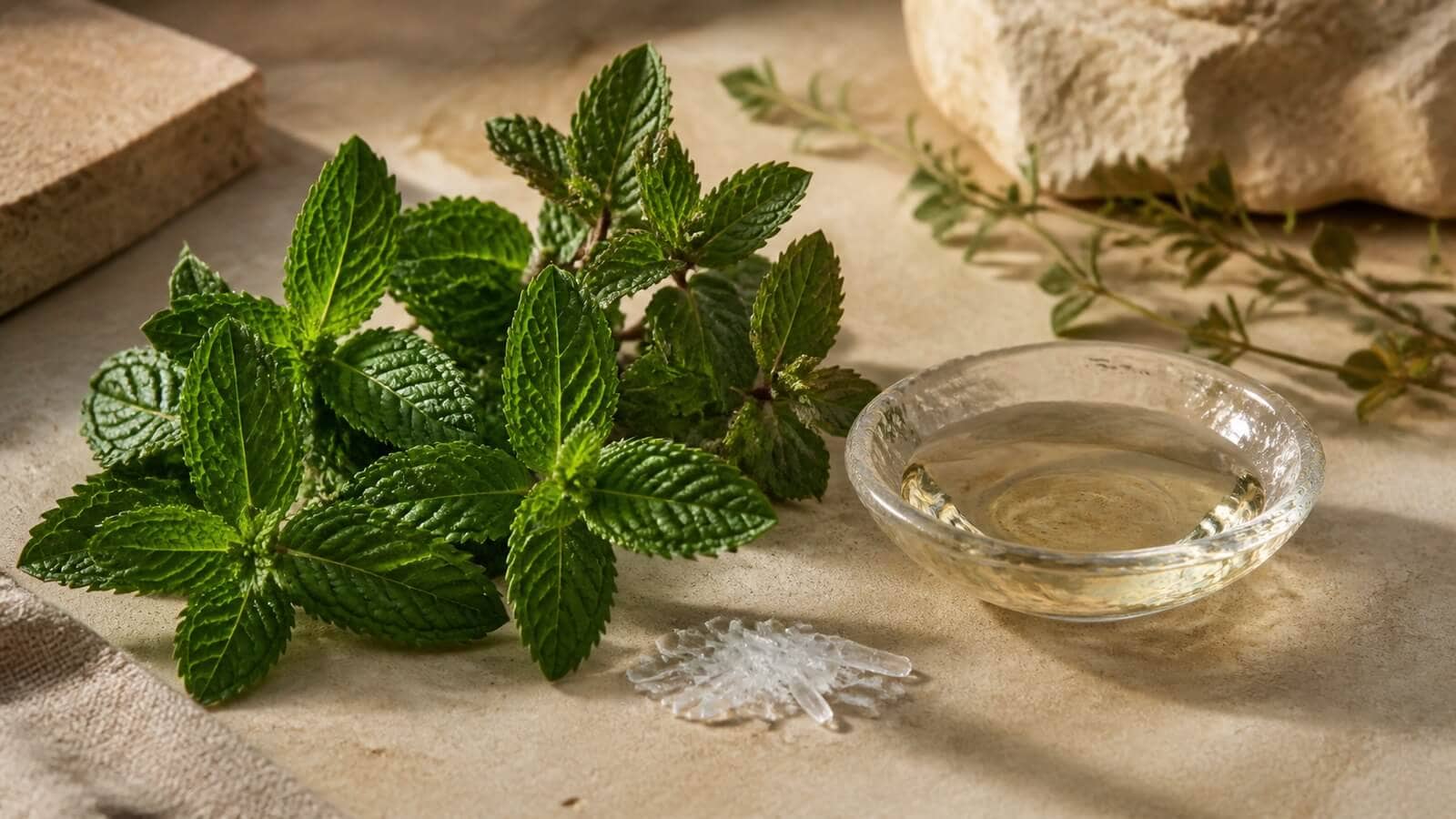 mentol-pepparmyntolja-gronmyntaolja Pepparmynta, grönmynta och mentolkristaller bredvid eterisk olja