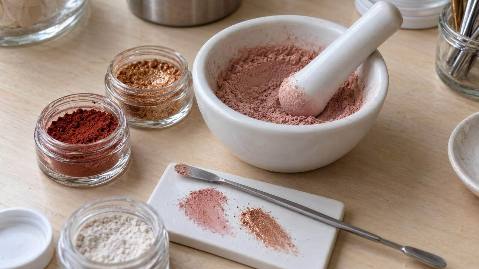 mineralpigment-mica-provblandning Små glasburkar med mineralpigment och mica vid en mortel med rosa puderblandning