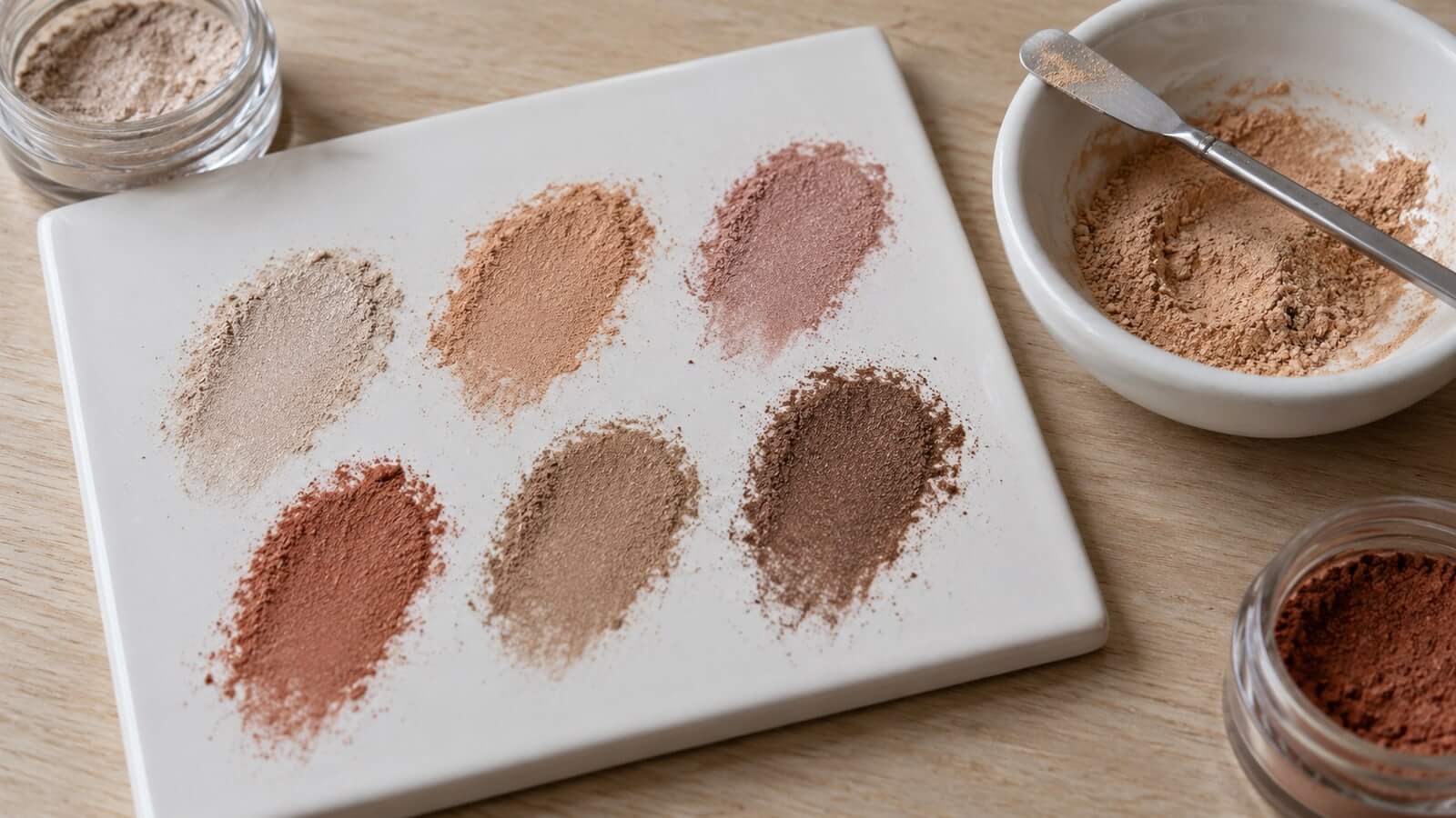 mineralpigment nyansprover Små nyansprover av mineralpigment vid ett blandningsfat