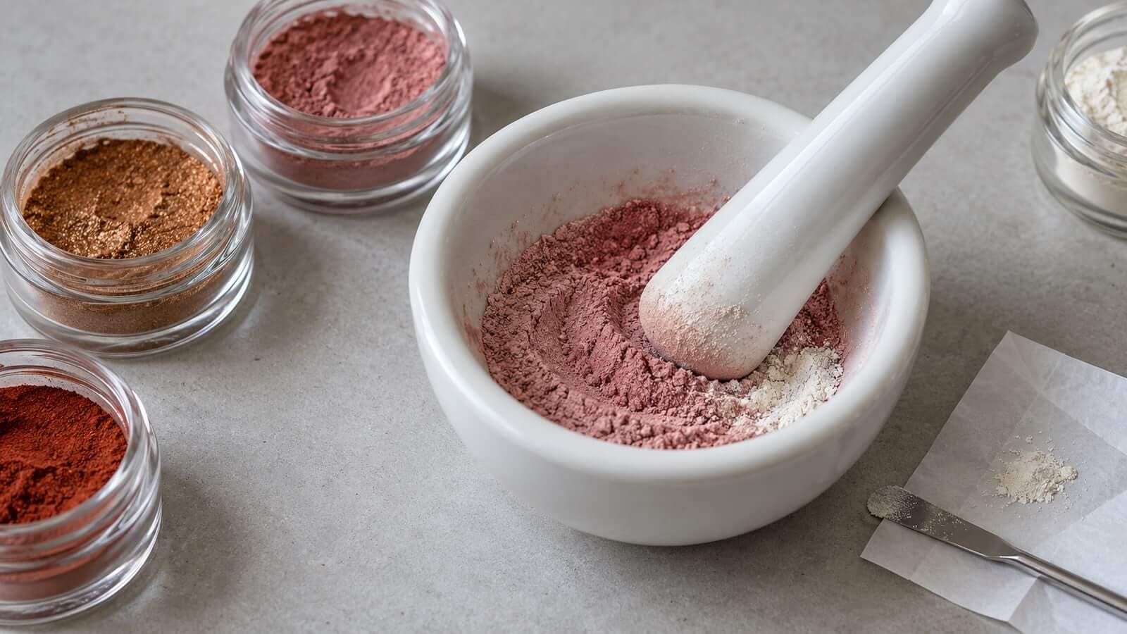 mineralpuder torrblandning mortel Torrt rosa mineralpuder blandas med vitt pulver i en porslinsmortel