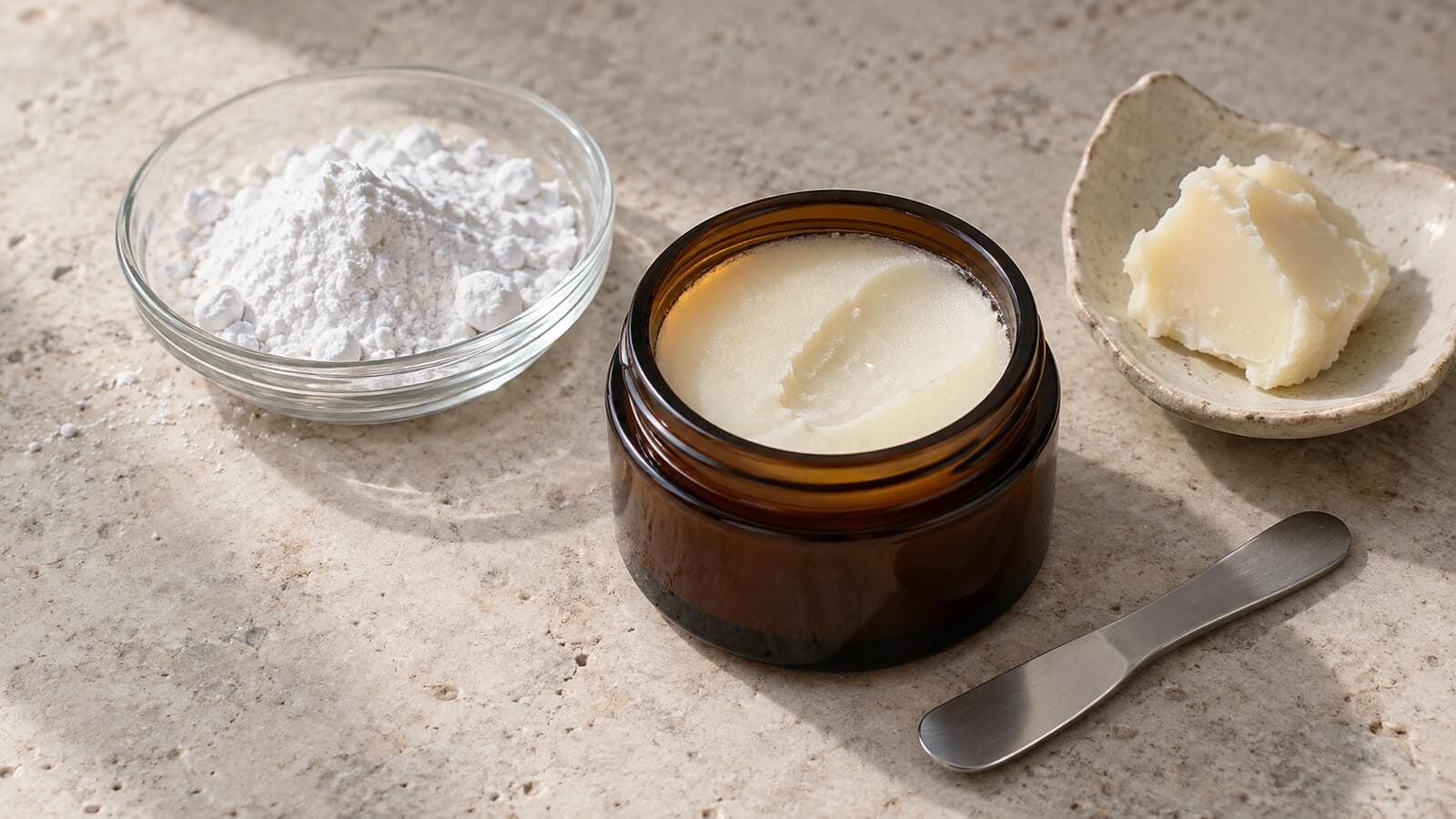 Råvaror till naturlig deodorant Deodorantbalsam i en öppen glasburk med bikarbonat och en bit sheasmör bredvid