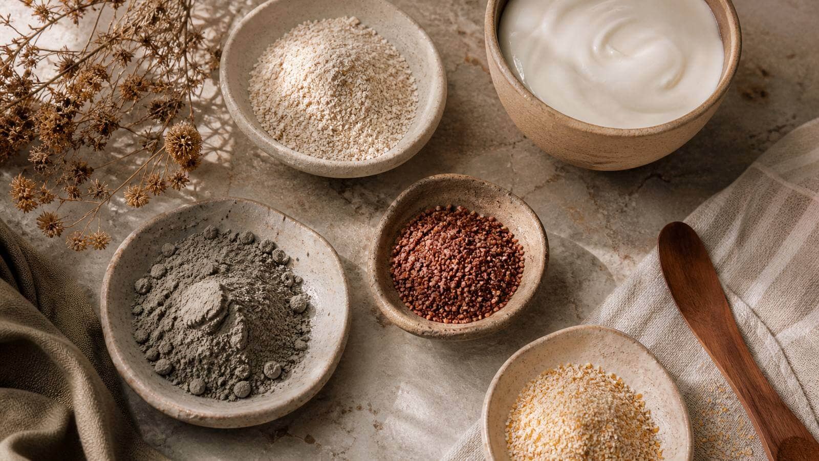 Finkorniga botaniska exfolianter i skålar med krämig bas