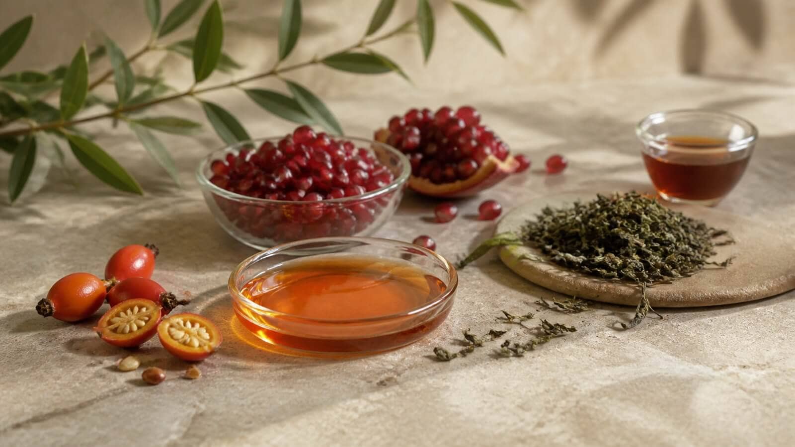 naturliga-anti-aging-ingredienser Nyponfröolja, granatäpple, grönt te och botaniska extrakt i hudvård