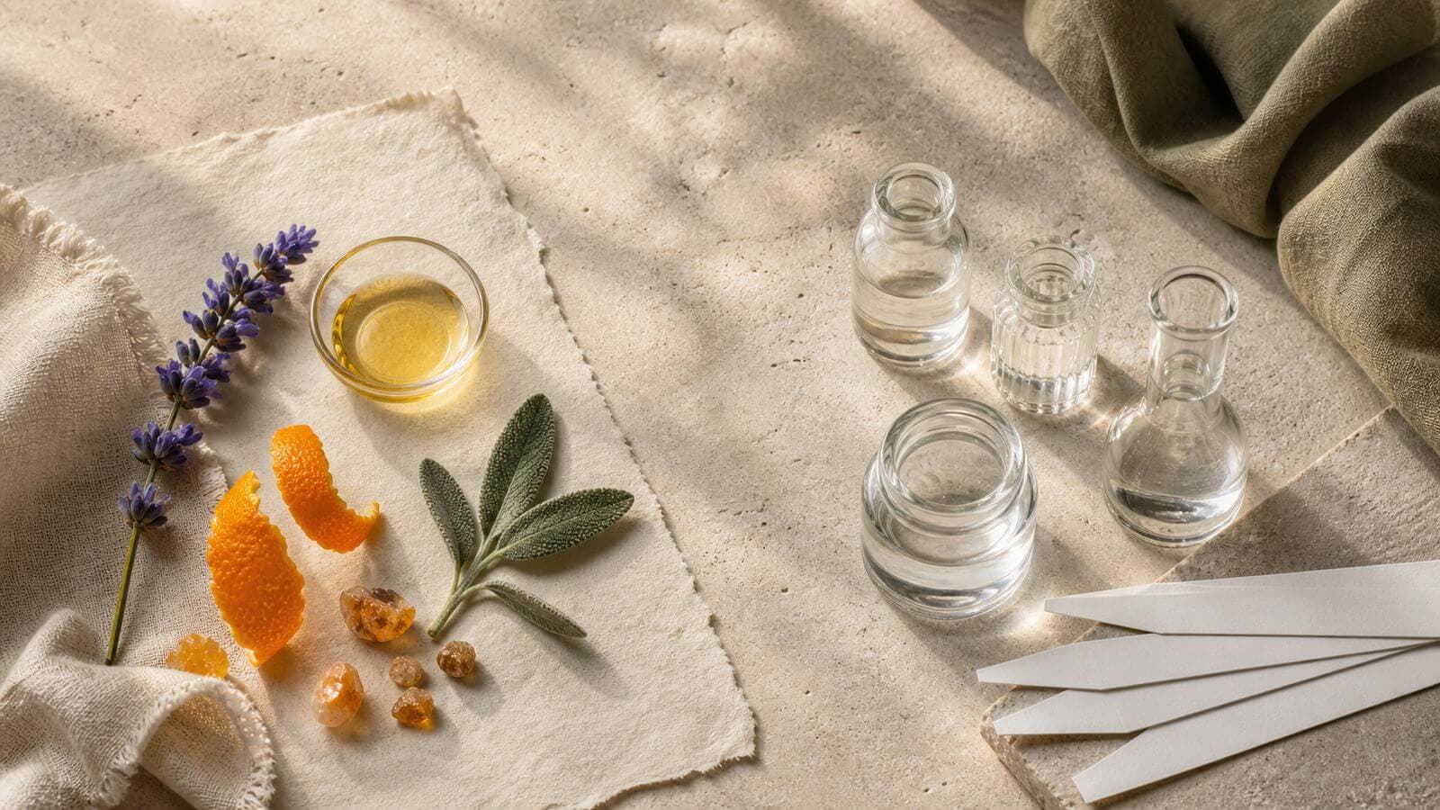 Botaniska doftråvaror och en kontrollerad doftkomposition i glas