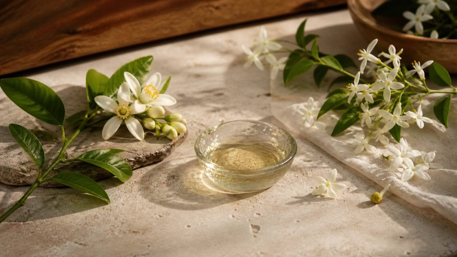 nerolidol-neroliolja-jasminolja Apelsinblommor och jasminblommor bredvid eterisk olja som källor till nerolidol