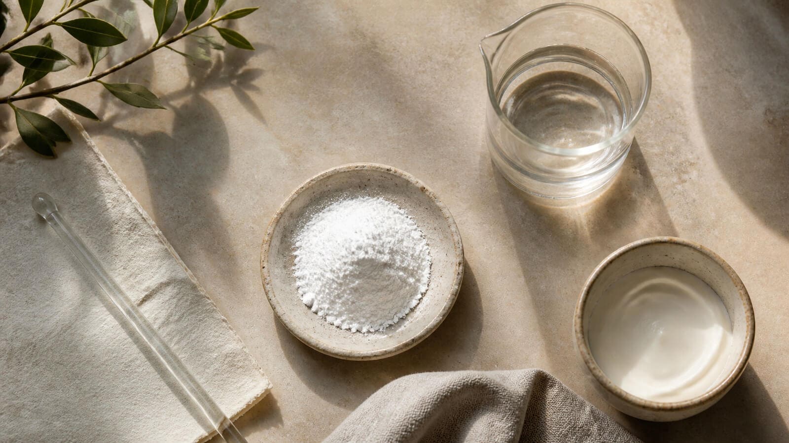 Niacinamid i vitt pulver, klar vattenlösning och mjuk emulsion
