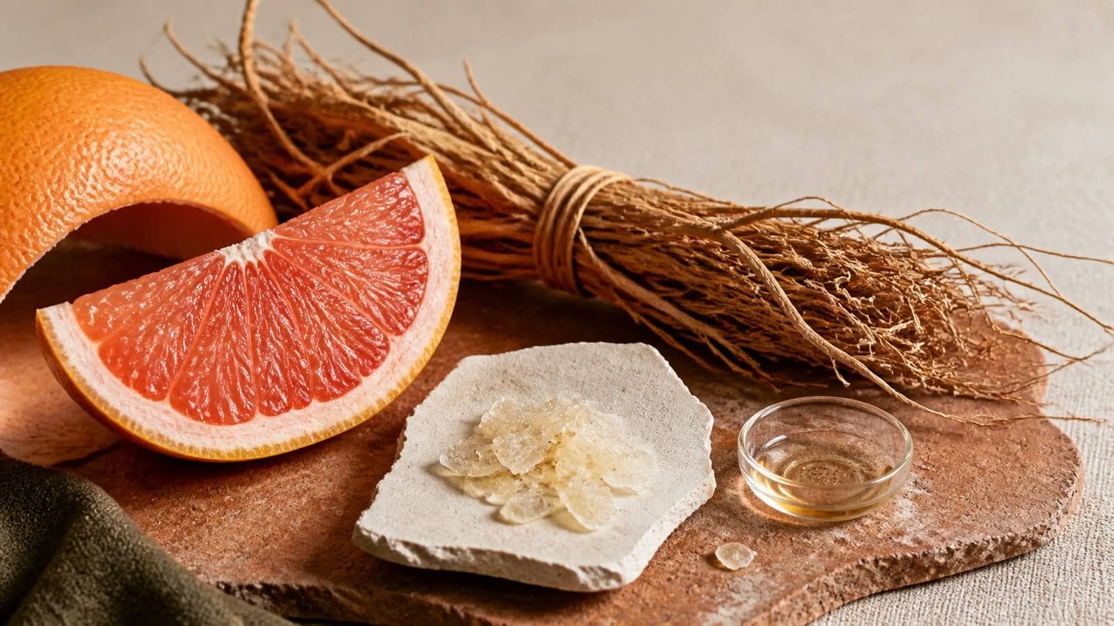 nootkaton-grapefrukt-vetiver Grapefrukt, vetiverrötter och ljusa kristallflingor på terrakotta och sten.