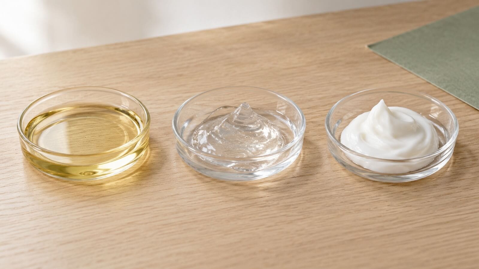 olja serum hudkram Tre glasskålar med klar gyllene olja, genomskinlig gel och vit hudkräm på ett träunderlag