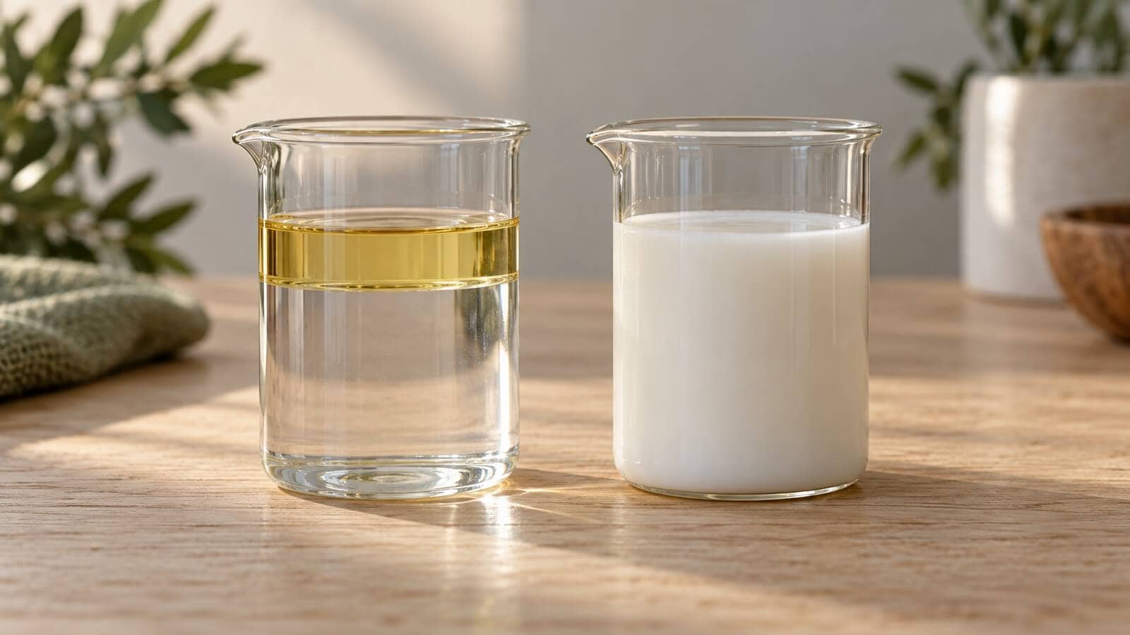 olja vatten emulsion hudkram Två glasbägare: en med separata lager av vatten och olja och en med en jämn vit emulsion.