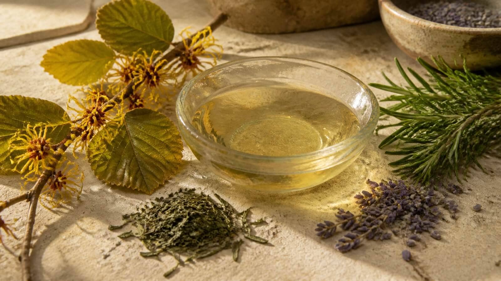 Trollhassel, rosmarin, lavendel och grönt te för botanisk hudvård