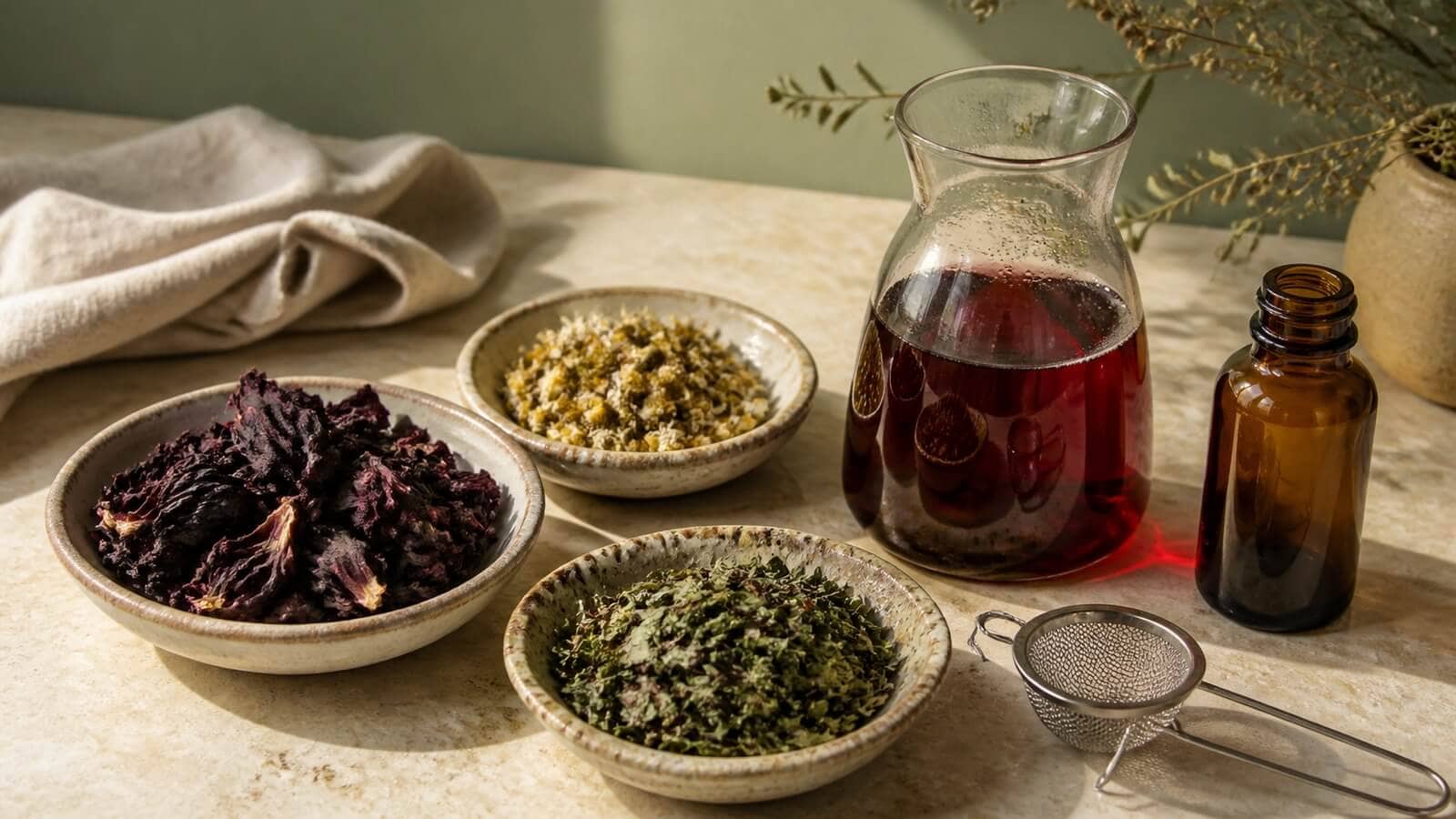 Hibiskus, kamomill och brännässla bredvid en rubinröd örtinfusion för håret