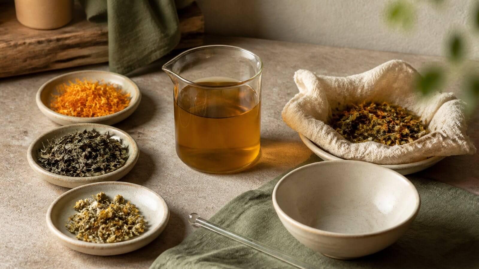 Torkade örter, varm örtinfusion och pressduk i glas och keramik