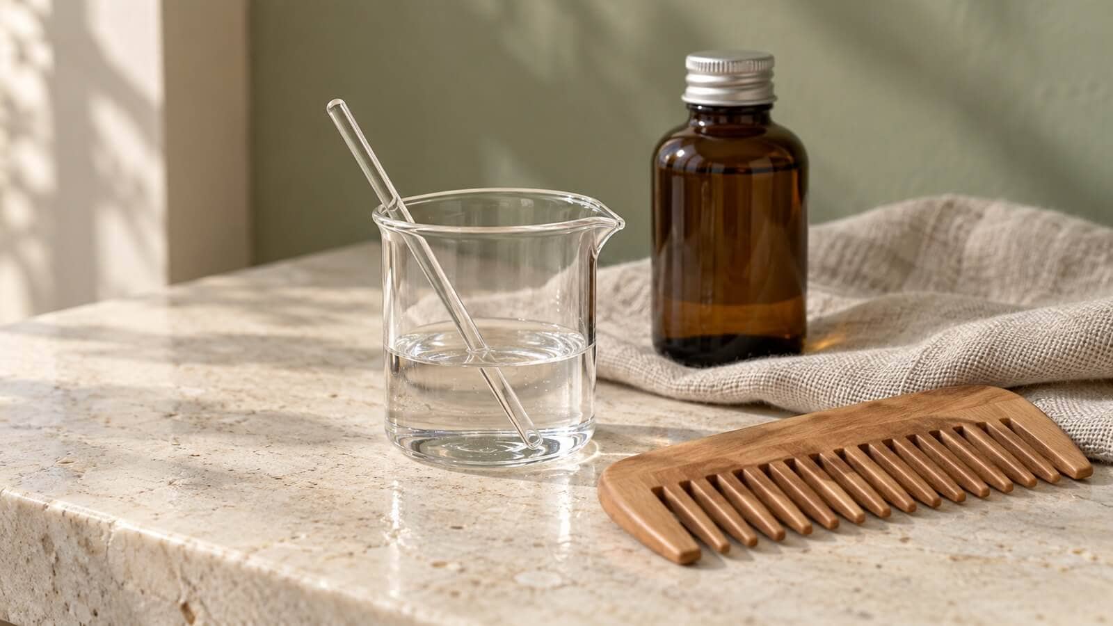 Pantenol i hårvård Klar pantenollösning i en glasbägare med glasstav, bredvid en brun flaska och en träkam på en ljus stenyta.