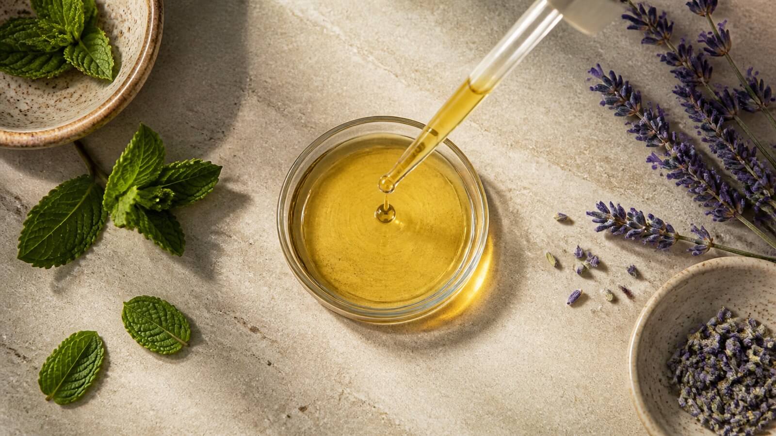 pepparmynta-lavendel-utspadning En droppe eterisk olja späds i vegetabilisk olja med pepparmynta och lavendel
