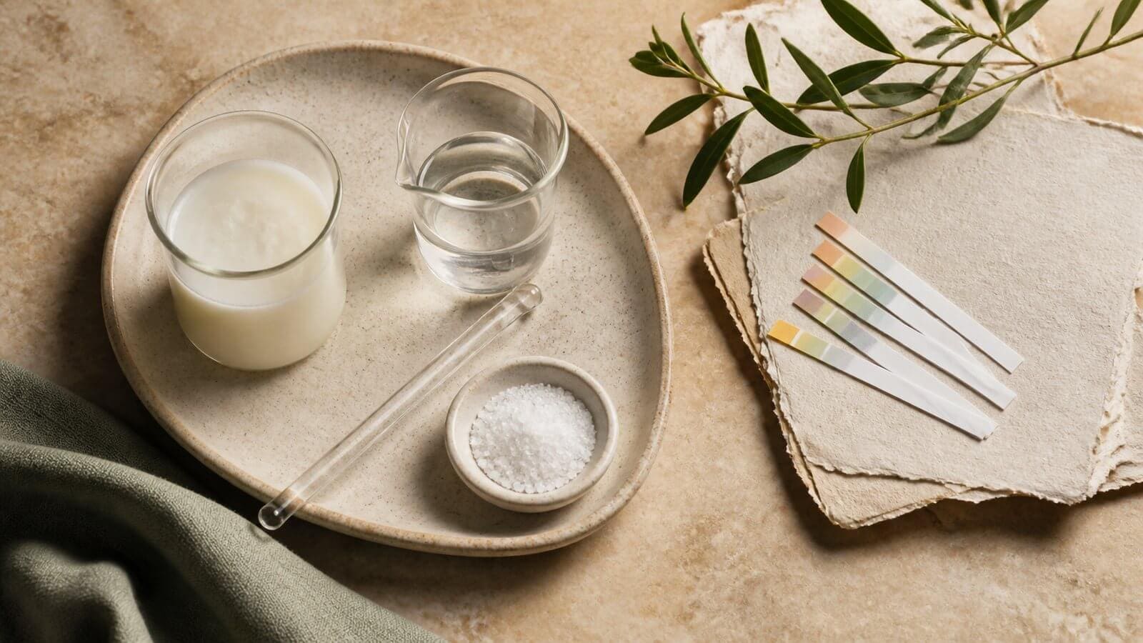 Kosmetisk formulering med glasbägare och pH-indikatorremsor