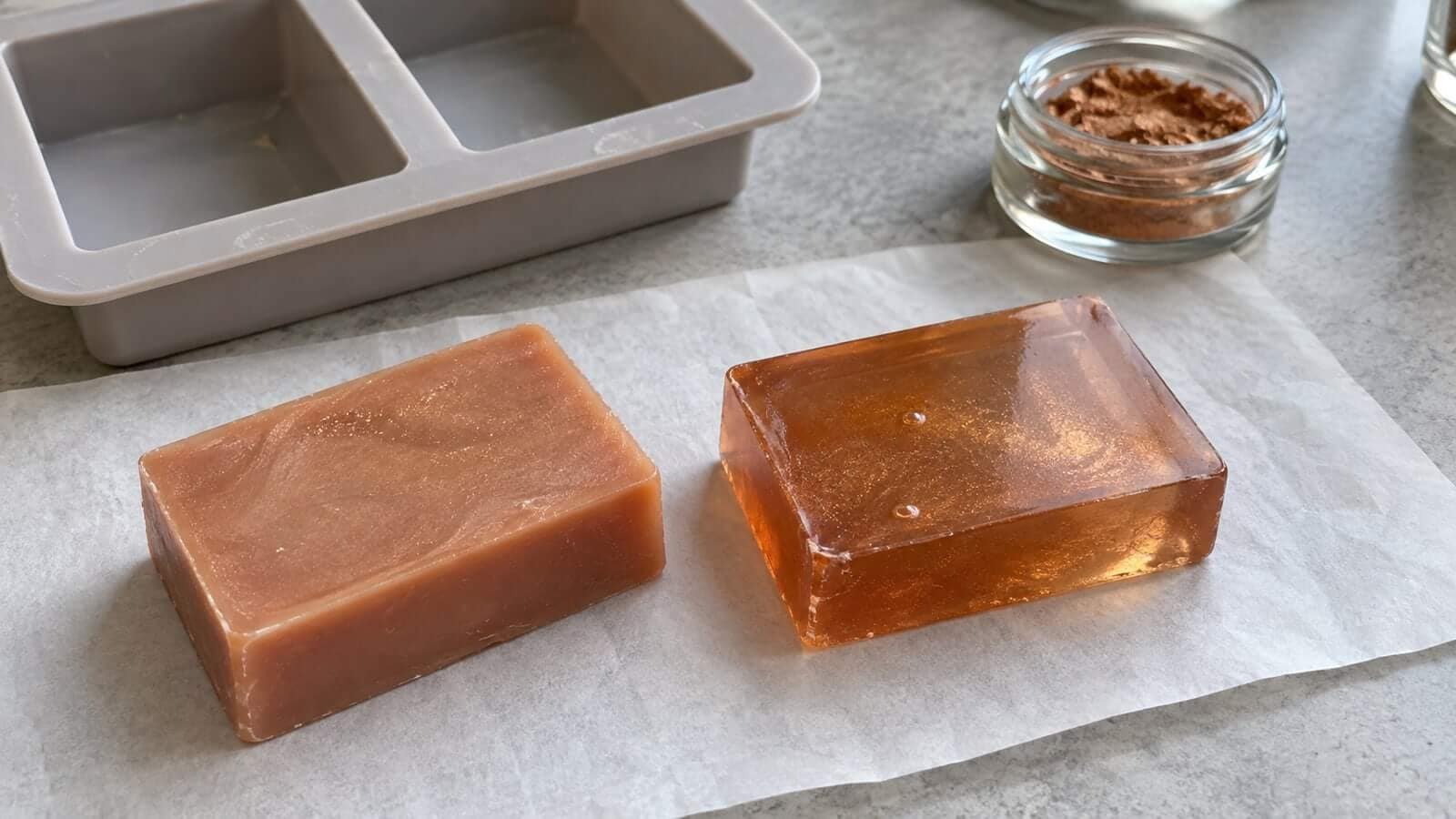 pigment tval provformar Pigmenterade provtvålar med vit och genomskinlig bas vid en silikonform