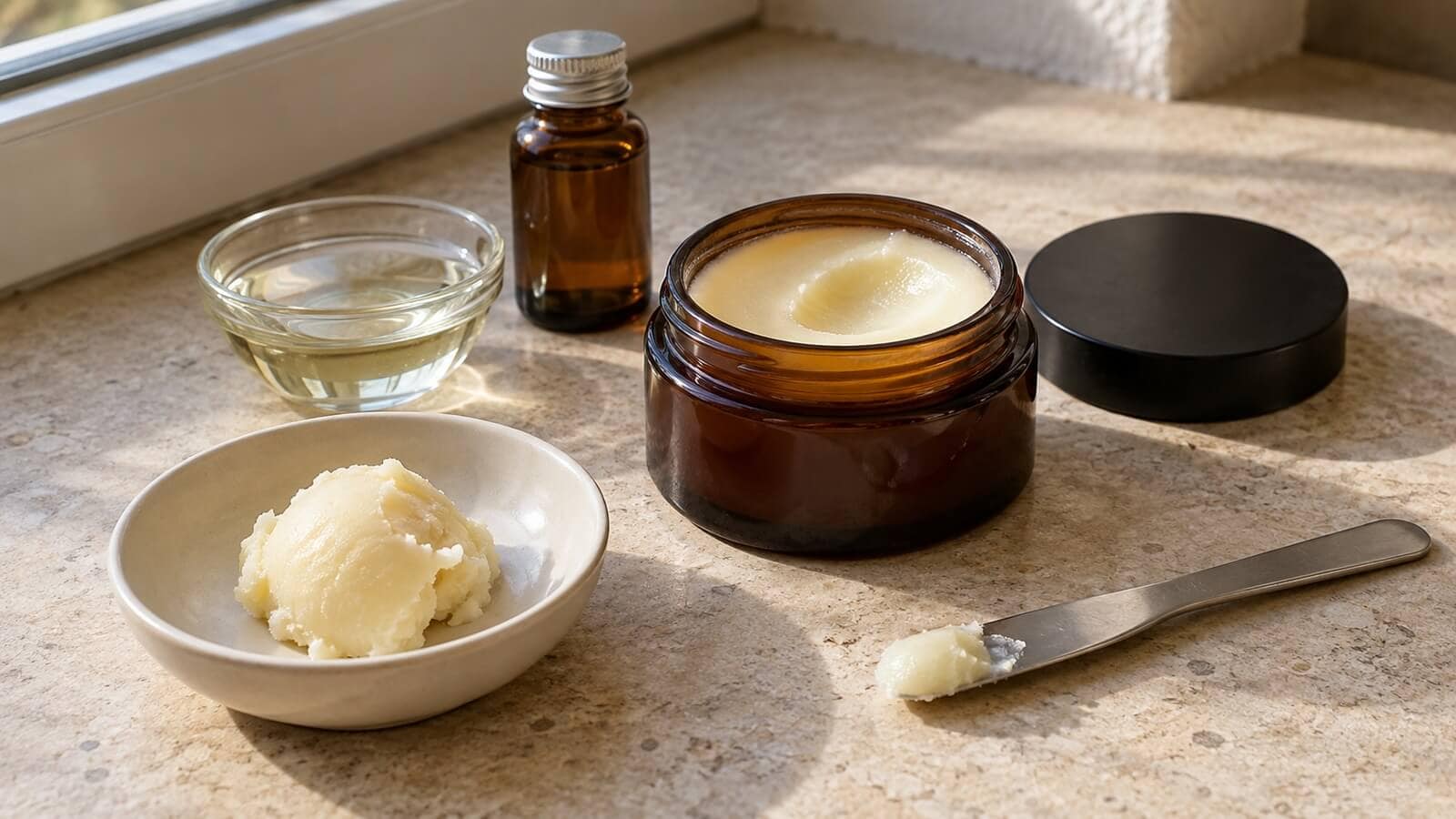 Rengöringsbalm med oljor och sheasmör Öppet rengöringsbalm i brun glasburk med sheasmör och olja på en ljus arbetsyta