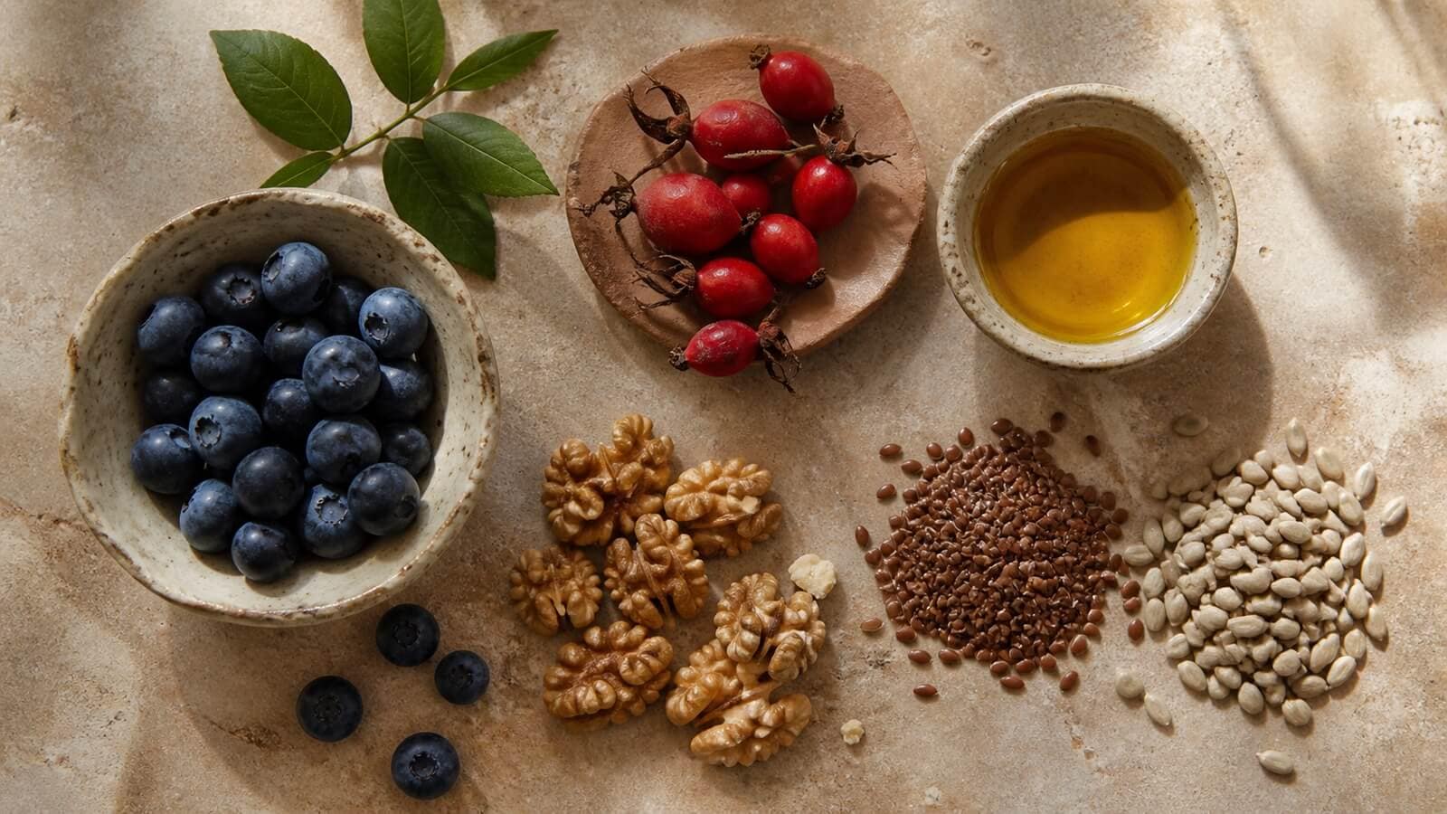 skinfood-kost-hudens-ravaror Bär, frön, nötter och vegetabilisk olja som illustrerar näring för huden