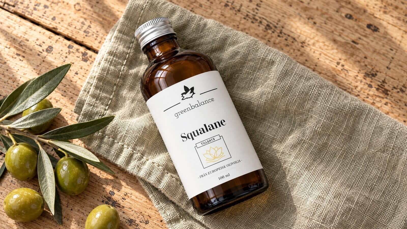 squalane produkt ravaror Flaska med squalane liggande på linne och trä, med oliver och en olivkvist.