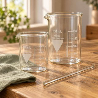 kategori laboratorieglas sortiment Mätbägare i borosilikatglas, 100 och 250 ml, tillsammans med en glasstav