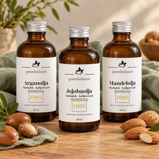 kategori vegetabiliska sortiment Argan-, jojoba- och mandelolja i Greenbalances flaskor med råvaror på trä och linne