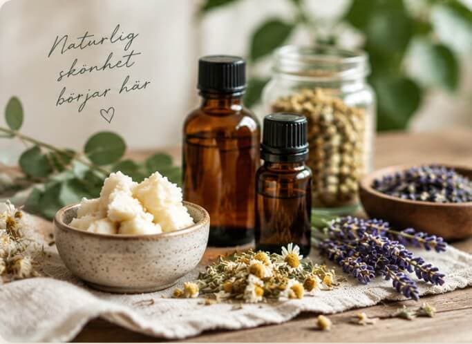 nyhetsbrev-foto Bruna glasflaskor, växtsmör, kamomill och lavendel på linne och trä