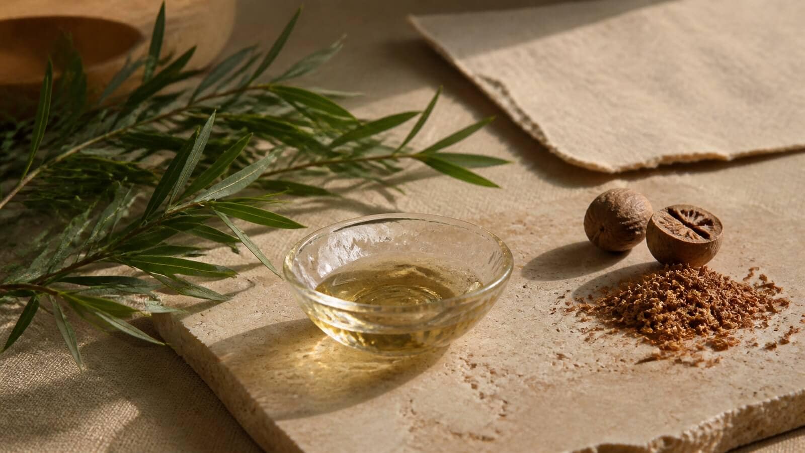 Tea tree-blad och muskotnöt bredvid eterisk olja som källor till terpinolen