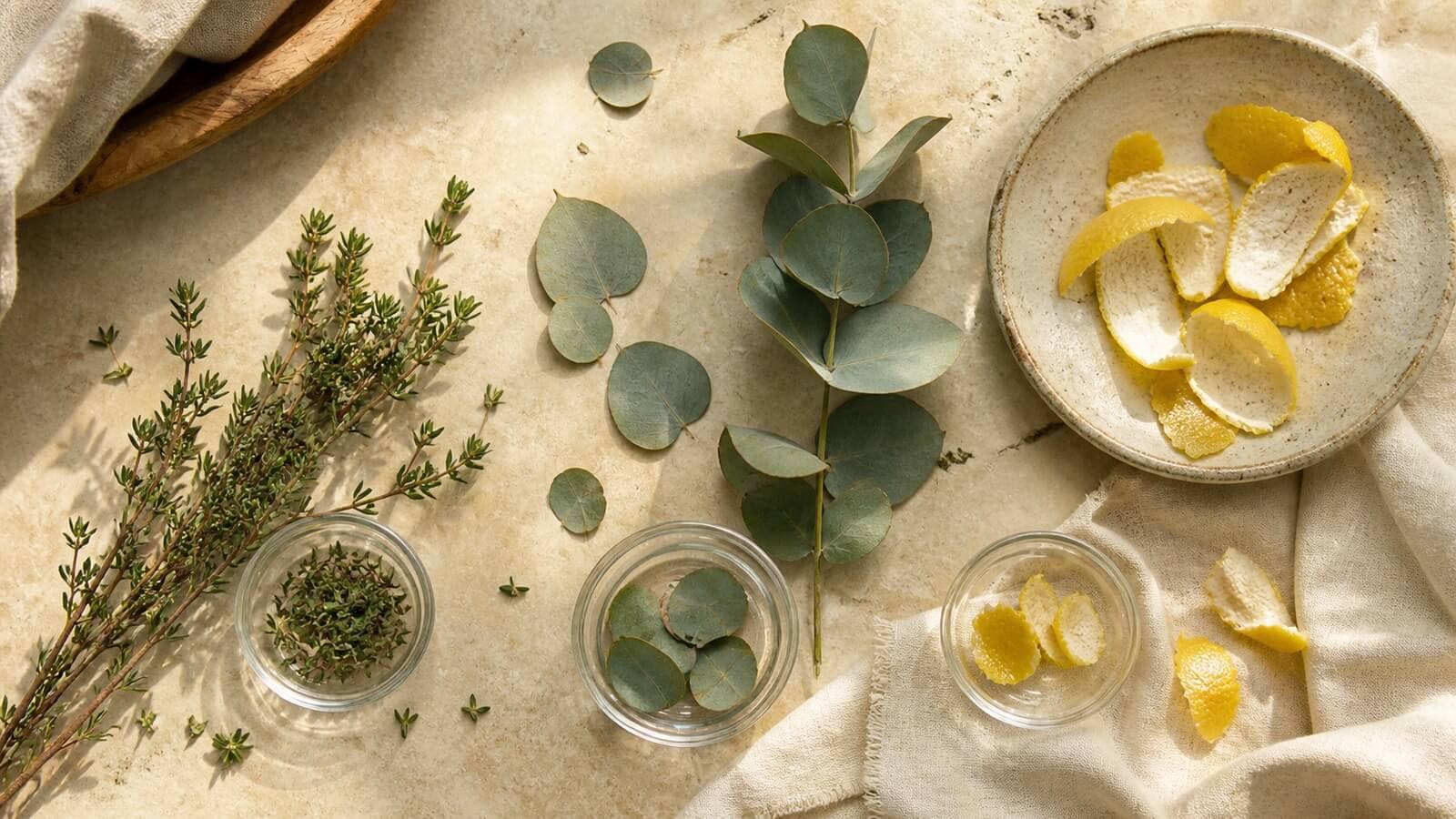 timjan-eukalyptus-citron-eteriska-oljor Timjan, eucalyptus och citronskal som separata aromatiska råvaror