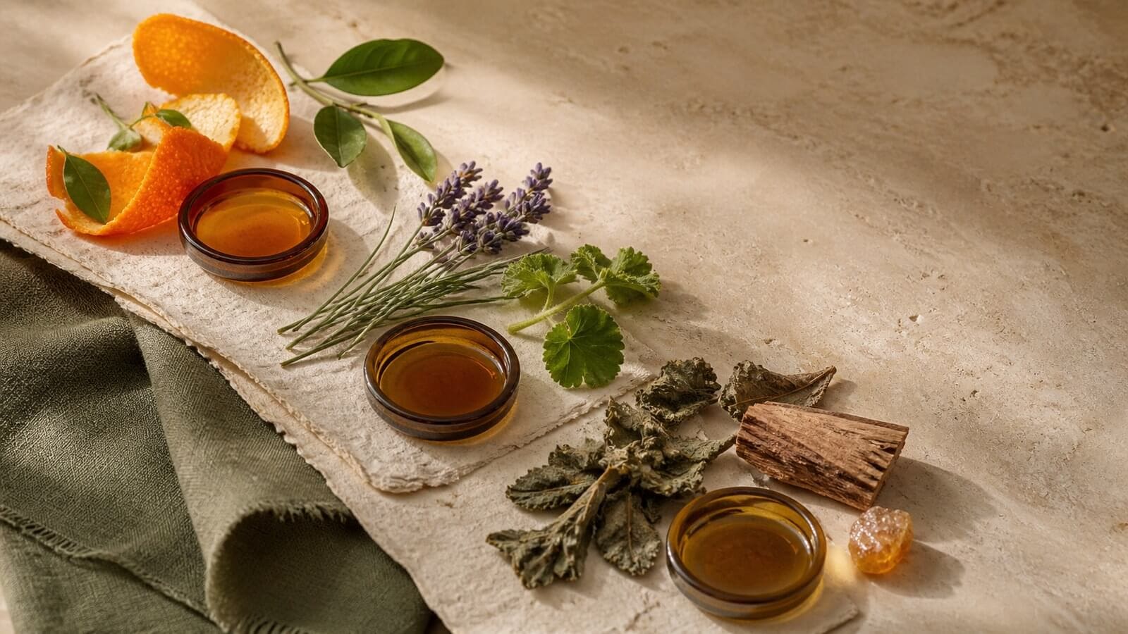 Vad är topp-, mellan- och basnoter i parfym? Citrusskal, lavendel, patchouliblad, trä och eterisk olja som visar topp-, mellan- och basnoter